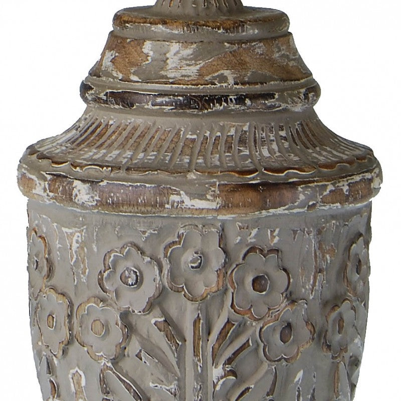 Provence Home Distressed Antique Charcoal Carved Wood Table Lamp with Linen Shade - Image 3