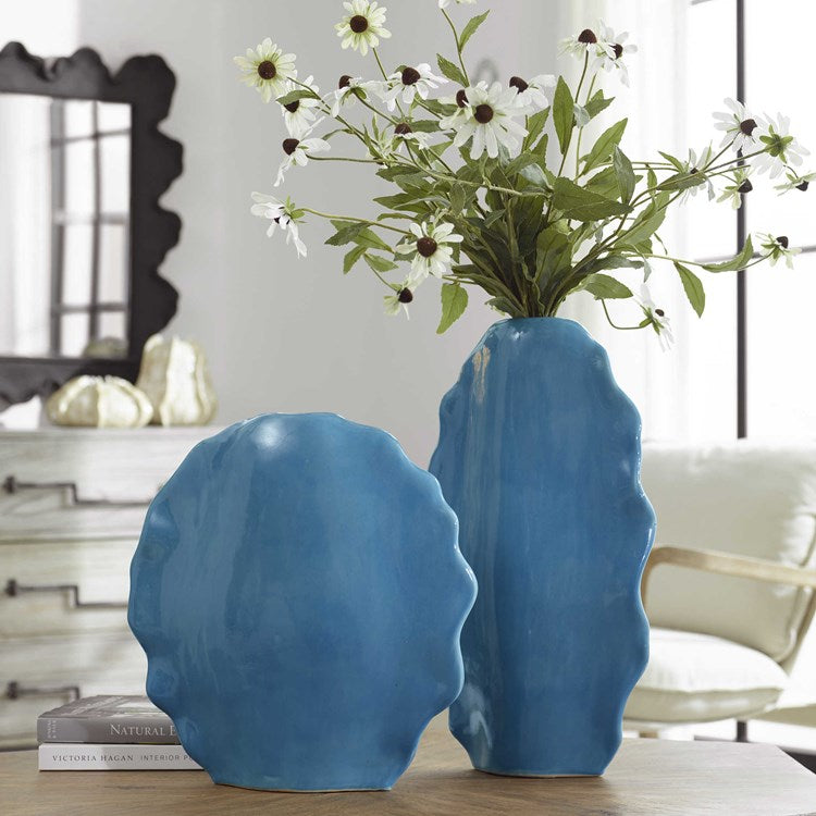 Uttermost Ruffled Feathers Gloss Blue Glaze Ceramic Set of 2 Vases - Image 2