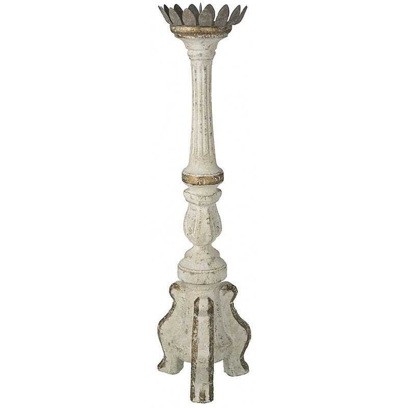 Provence Home Distressed Off White with Aged Gold Carved Wood Candle Holder