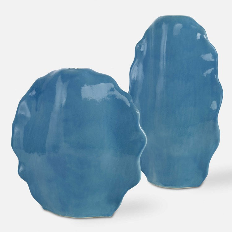 Uttermost Ruffled Feathers Gloss Blue Glaze Ceramic Set of 2 Vases - Image 3
