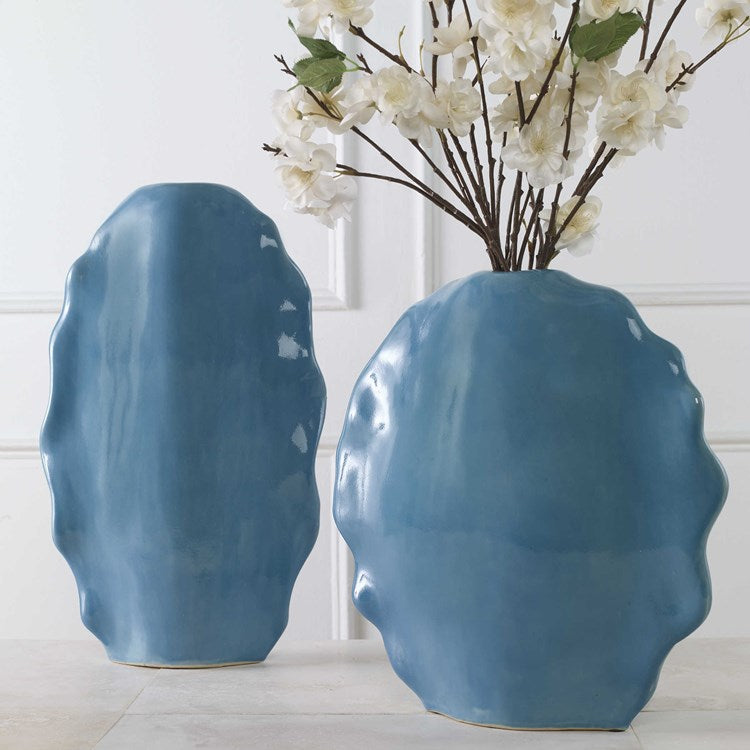 Uttermost Ruffled Feathers Gloss Blue Glaze Ceramic Set of 2 Vases - Image 1