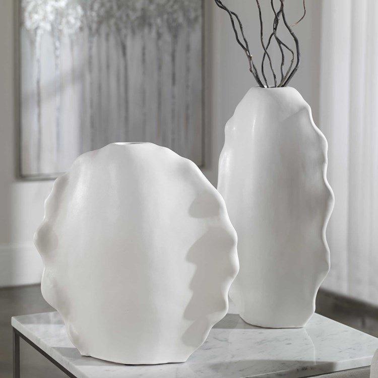 Uttermost Ruffled Feathers Matte White Glaze Ceramic Set of 2 Vases - Image 1