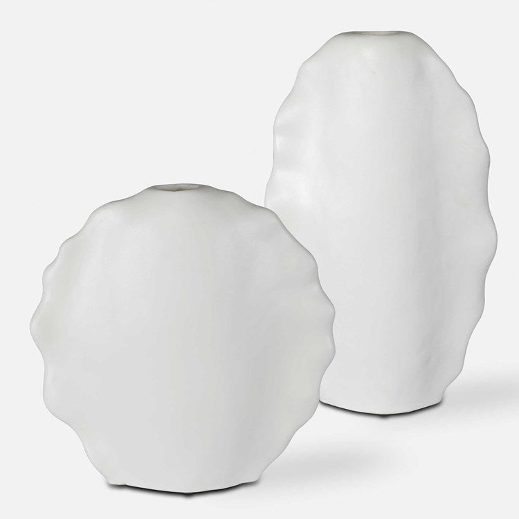 Uttermost Ruffled Feathers Matte White Glaze Ceramic Set of 2 Vases - Image 2