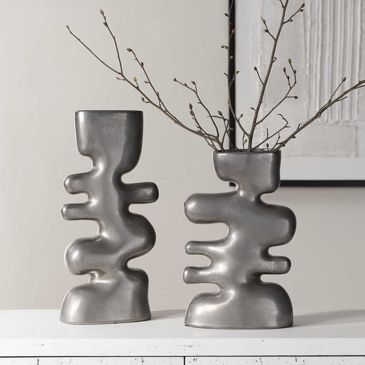 Uttermost Free Flowing Nickel Glaze Modern Set of 2 Vases - Image 1