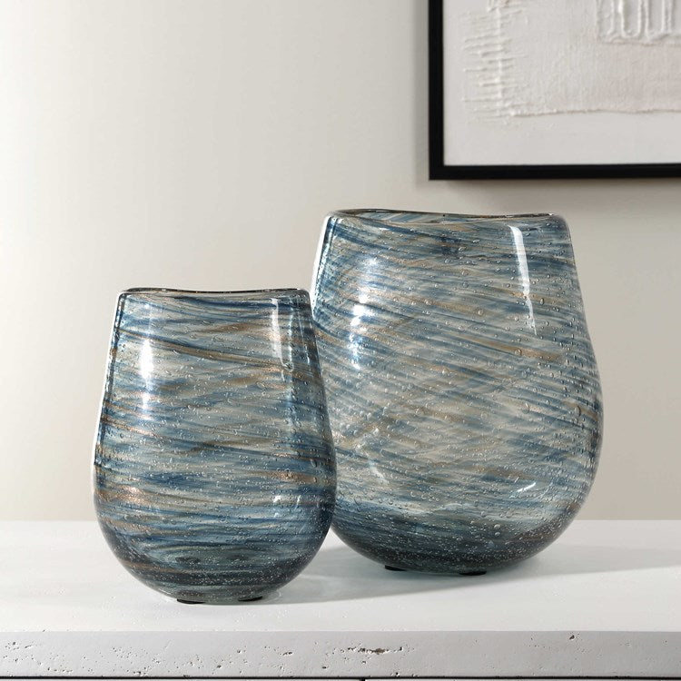 Uttermost Aurora Swirl Blue and Gold Bubble Glass Set of 2 Vases - Image 1