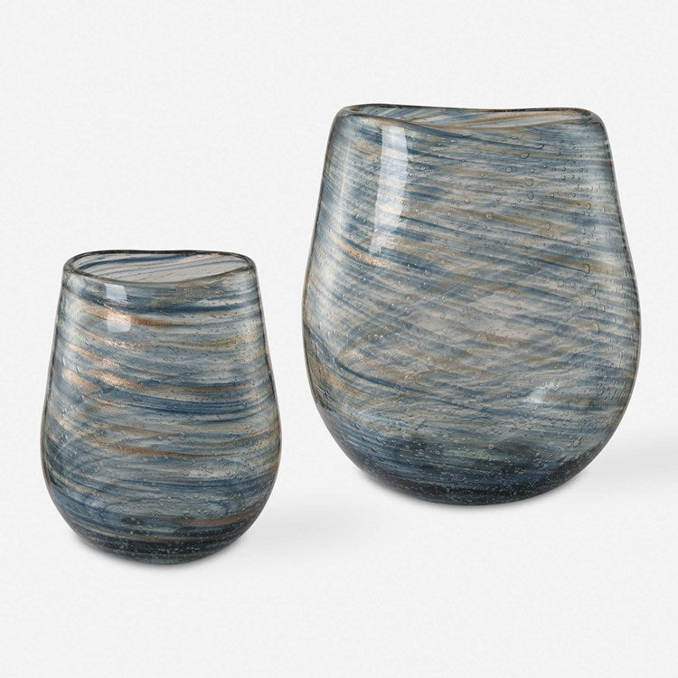 Uttermost Aurora Swirl Blue and Gold Bubble Glass Set of 2 Vases - Image 2