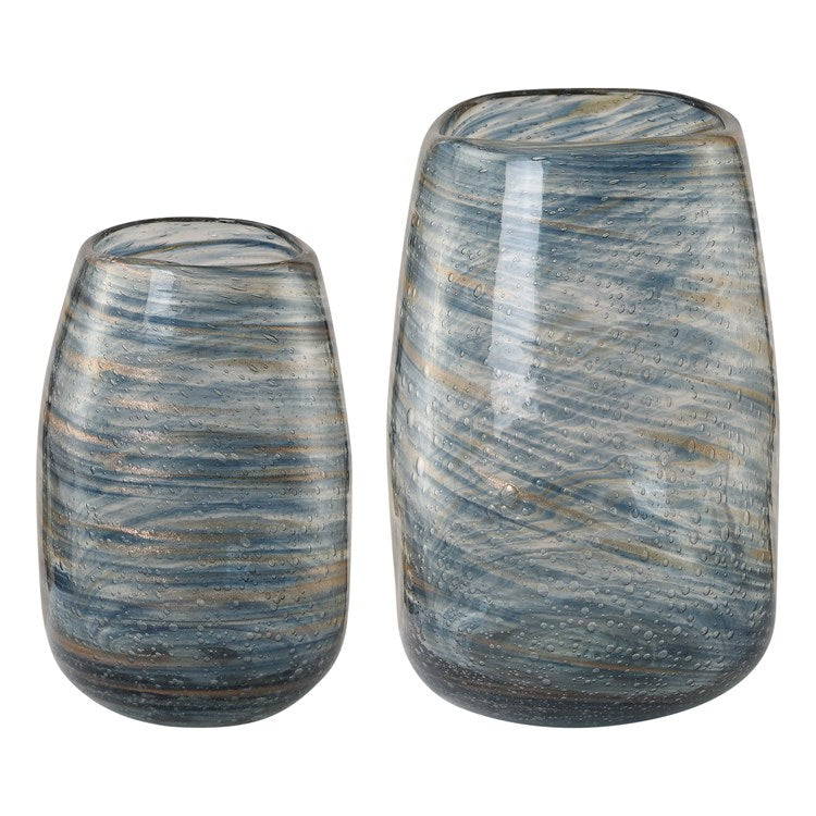 Uttermost Aurora Swirl Blue and Gold Bubble Glass Set of 2 Vases - Image 3