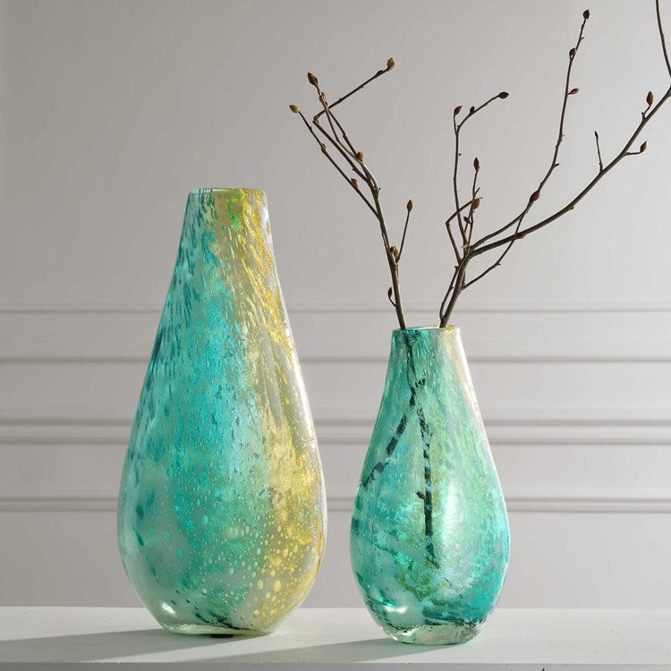 Uttermost High Tide Teal, Amber and Gold Bubble Glass Set of 2 Vases - Image 1