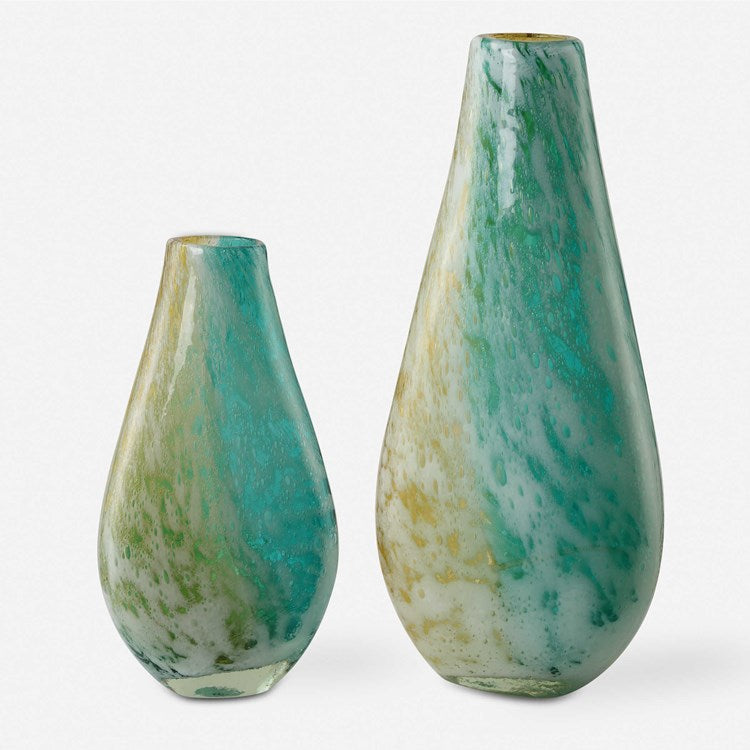 Uttermost High Tide Teal, Amber and Gold Bubble Glass Set of 2 Vases - Image 2