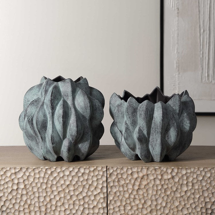 Uttermost Verdant Bronze Verdigris Glaze Ceramic Set of 2 Vases - Image 1