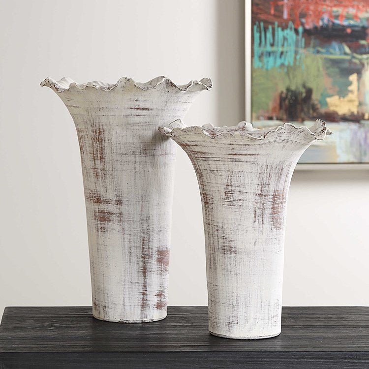 Uttermost Ruffled Petals Distressed White Ceramic Set of 2 Vases - Image 1