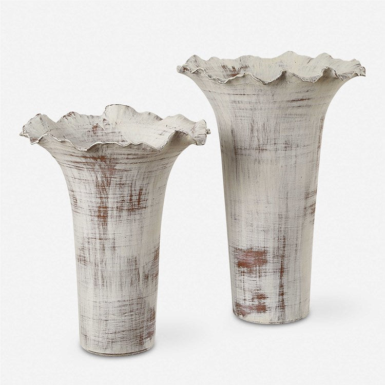 Uttermost Ruffled Petals Distressed White Ceramic Set of 2 Vases - Image 2