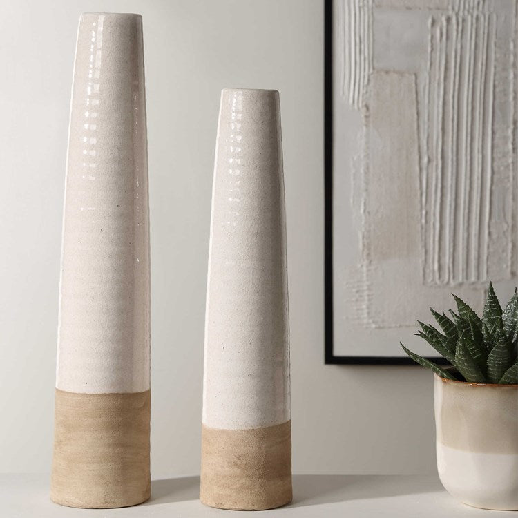 Uttermost Ivory Sands Crackled White Ceramic Set of 2 Vases - Image 1