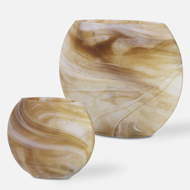 Uttermost Fushion Caramel, Ivory and Tan Swirled Glass Set of 2 Vases - Image 2
