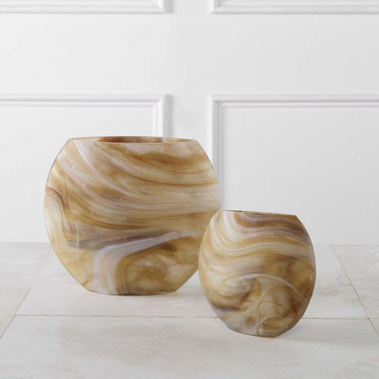 Uttermost Fushion Caramel, Ivory and Tan Swirled Glass Set of 2 Vases - Image 1