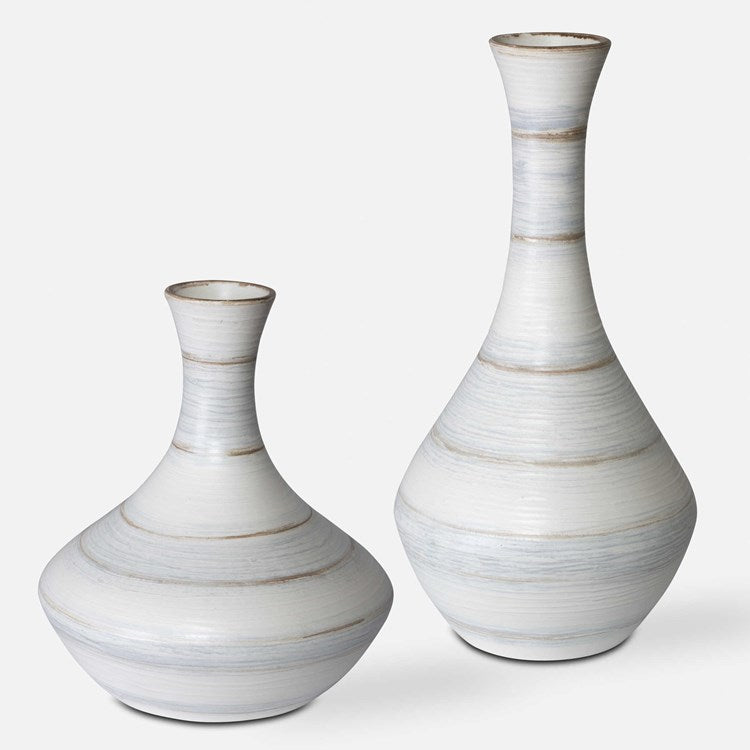 Uttermost Potter Striped Soft Ivory, Blue and Tan Glazed Ceramic Set of 2 Vases - Image 3