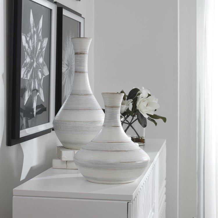 Uttermost Potter Striped Soft Ivory, Blue and Tan Glazed Ceramic Set of 2 Vases - Image 2