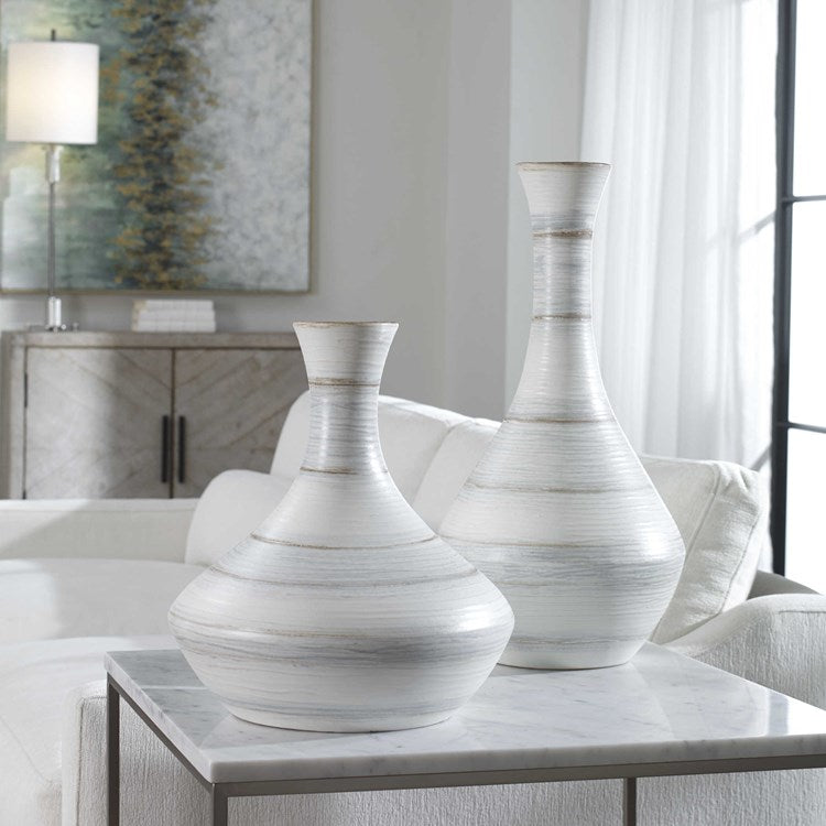 Uttermost Potter Striped Soft Ivory, Blue and Tan Glazed Ceramic Set of 2 Vases - Image 1