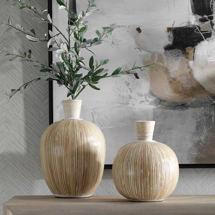 Uttermost Islander Natural Bamboo and Washed White Terracotta Set of 2 Vases - Image 1