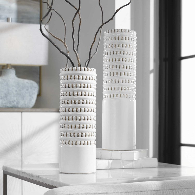 Uttermost Angelou White and Taupe Textured Ceramic Set of 2 Vases - Image 1