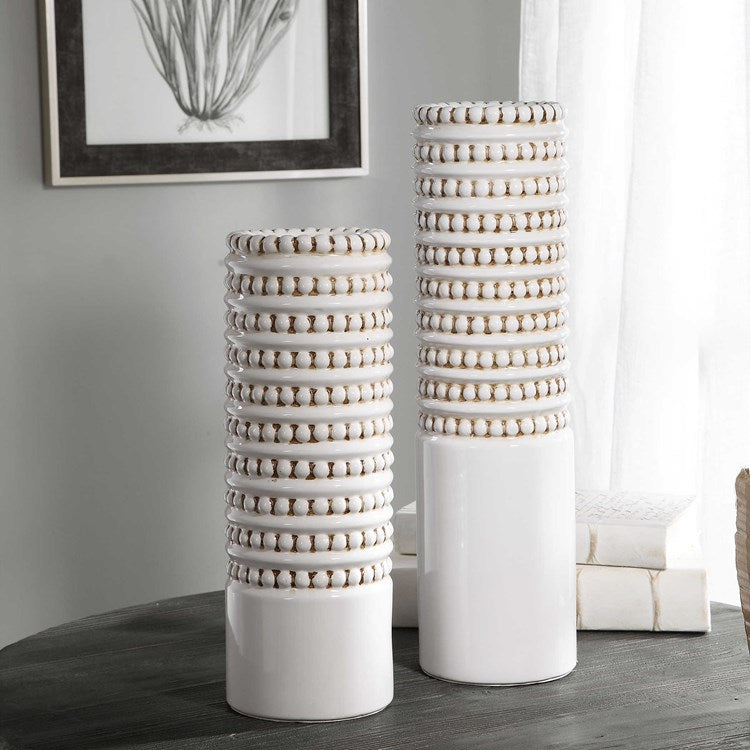 Uttermost Angelou White and Taupe Textured Ceramic Set of 2 Vases - Image 3