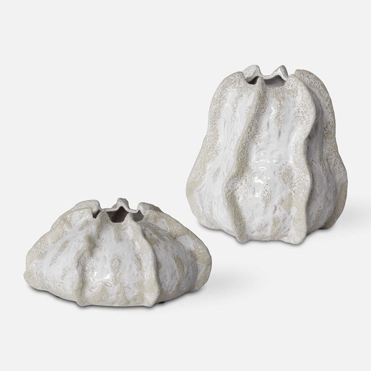 Uttermost Urchin Ivory and Beige Glazed Ceramic Set of 2 Vases