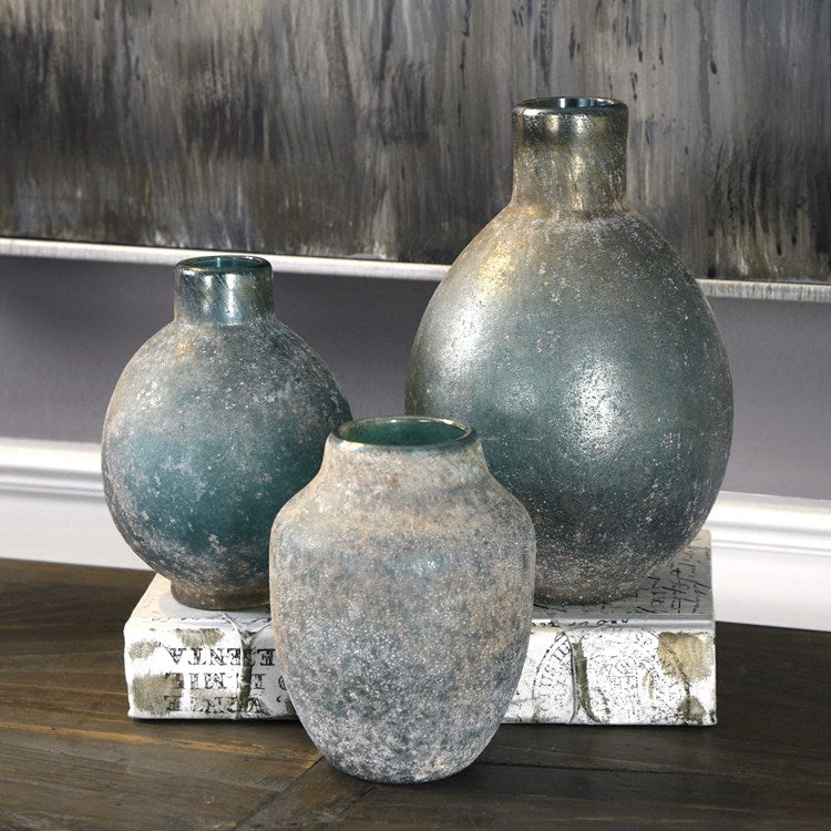 Uttermost Mercede Blue Green Glass Set of 3 Vases - Image 3