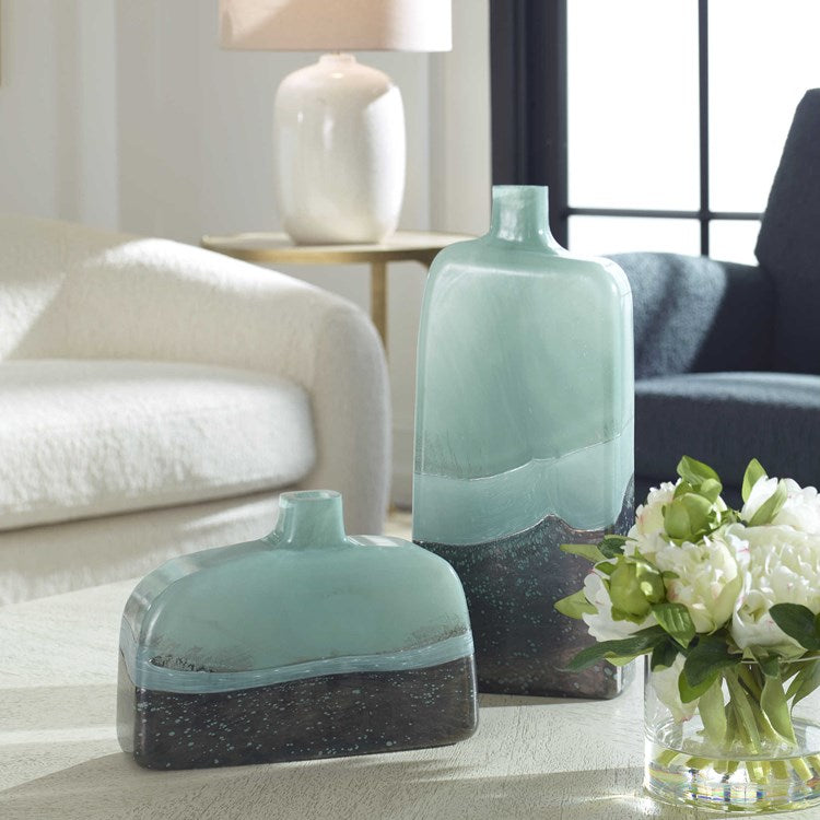 Uttermost Fuze Aqua and Bronze Glass Set of 2 Vases - Image 1