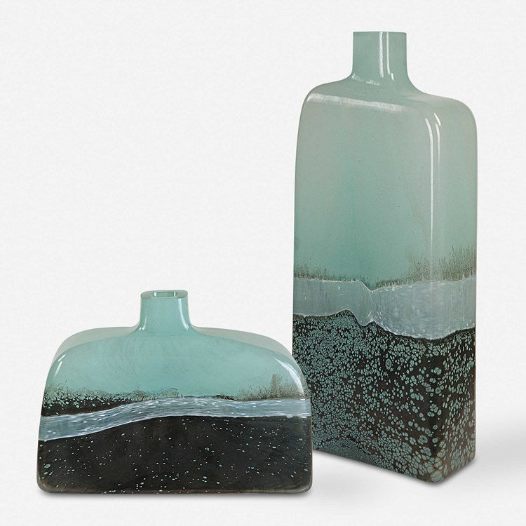 Uttermost Fuze Aqua and Bronze Glass Set of 2 Vases - Image 2