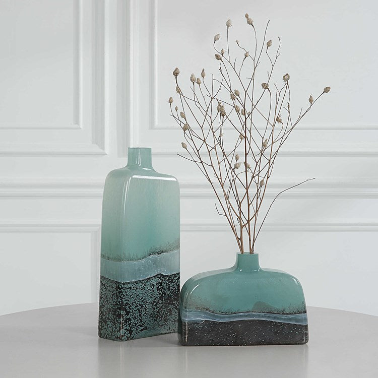 Uttermost Fuze Aqua and Bronze Glass Set of 2 Vases - Image 3