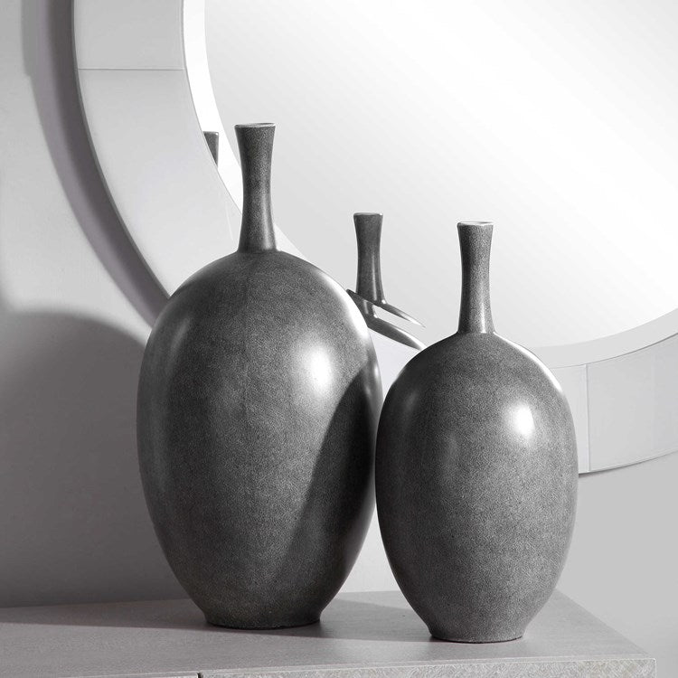 Uttermost Riordan Marbled Black Ceramic Contemporary Set of 2 Vases - Image 1