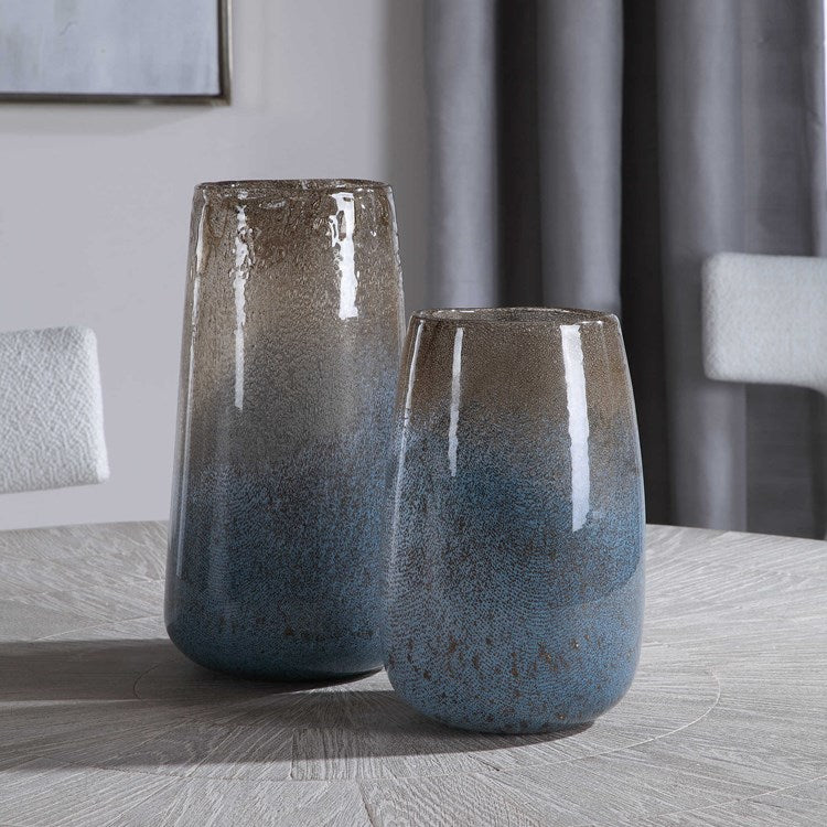 Uttermost Ione Taupe and Blue Ombré Seeded Glass Set of 2 Vases - Image 1