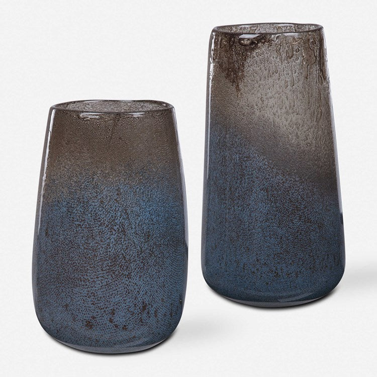 Uttermost Ione Taupe and Blue Ombré Seeded Glass Set of 2 Vases - Image 2