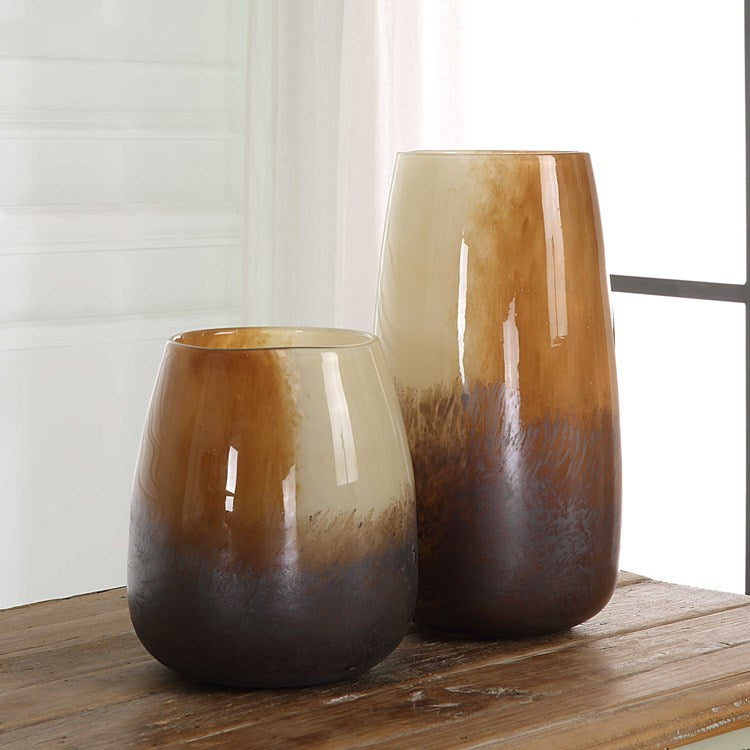Uttermost Desert Wind Light Sand, Rust and Dark Bronze Glass Set of 2 Vases - Image 1