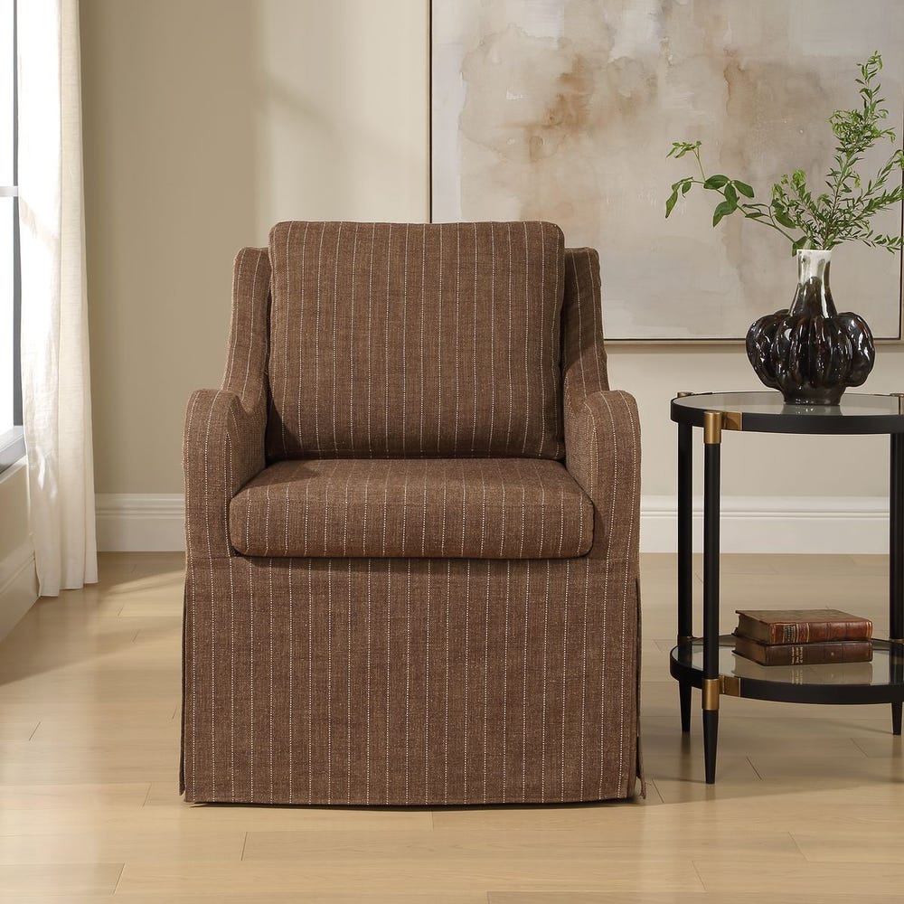 Uttermost Luisa Teak Brown With Linen Pinstripe Swivel Chair - Image 1