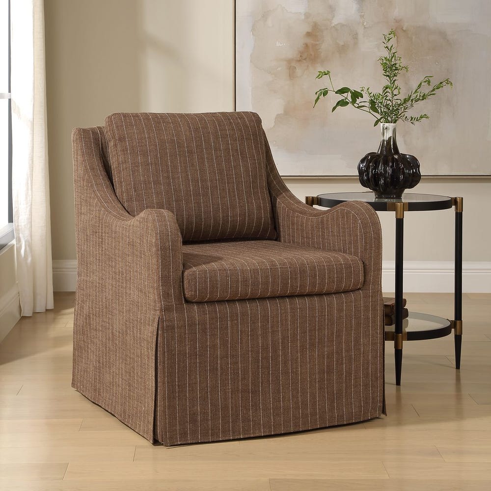 Uttermost Luisa Teak Brown With Linen Pinstripe Swivel Chair - Image 2