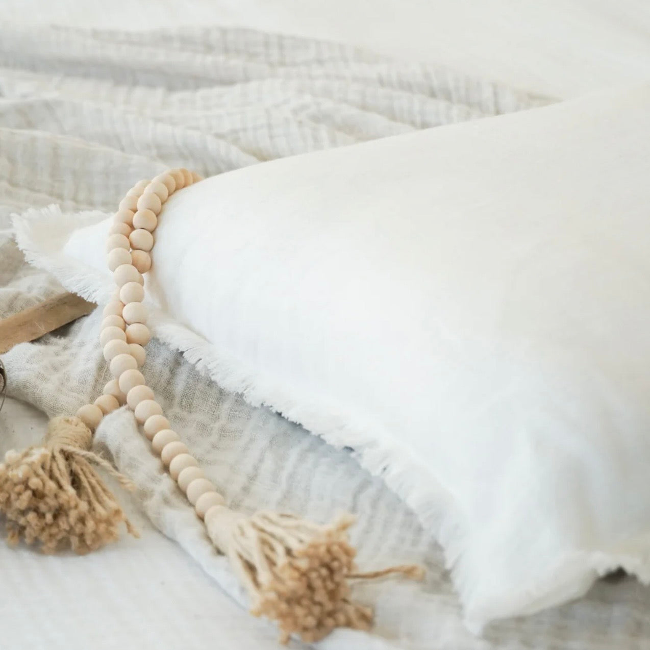 Anaya Home So Soft Linen Bright White Fringe Body Pillow With Down Alternative Insert - Image 1