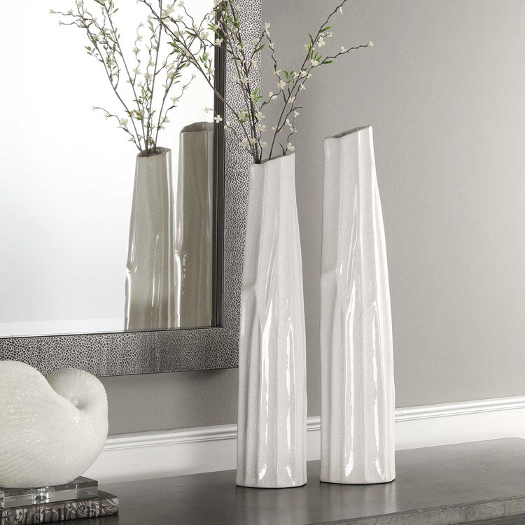 Uttermost Kenley Crackled White Textured Ceramic Set of 2 Vases - Image 1
