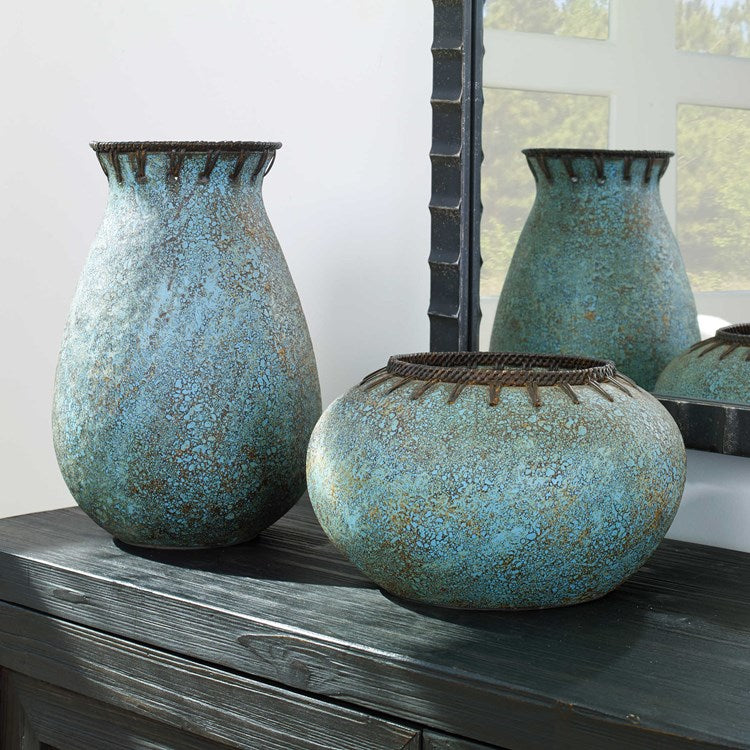 Uttermost Bisbee Coffee Brown and Turquoise Glazed Terracotta Set of 2 Vases - Image 1