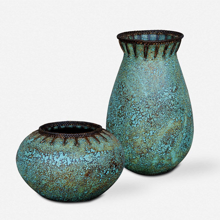 Uttermost Bisbee Coffee Brown and Turquoise Glazed Terracotta Set of 2 Vases - Image 2