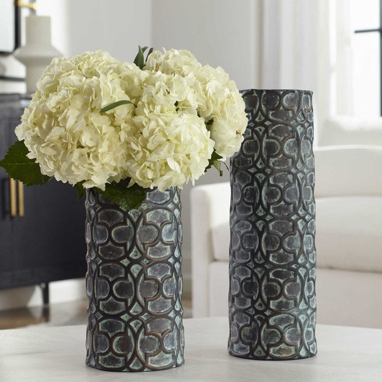 Uttermost Baltra Aged Bronze With Verdigris Glazed Ceramic Set of 2 Vases - Image 2
