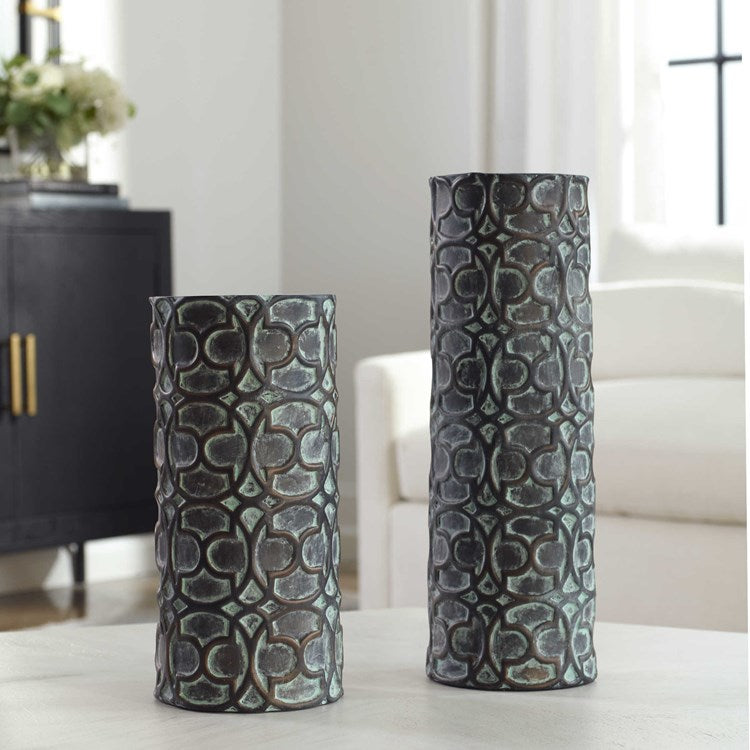 Uttermost Baltra Aged Bronze With Verdigris Glazed Ceramic Set of 2 Vases - Image 1