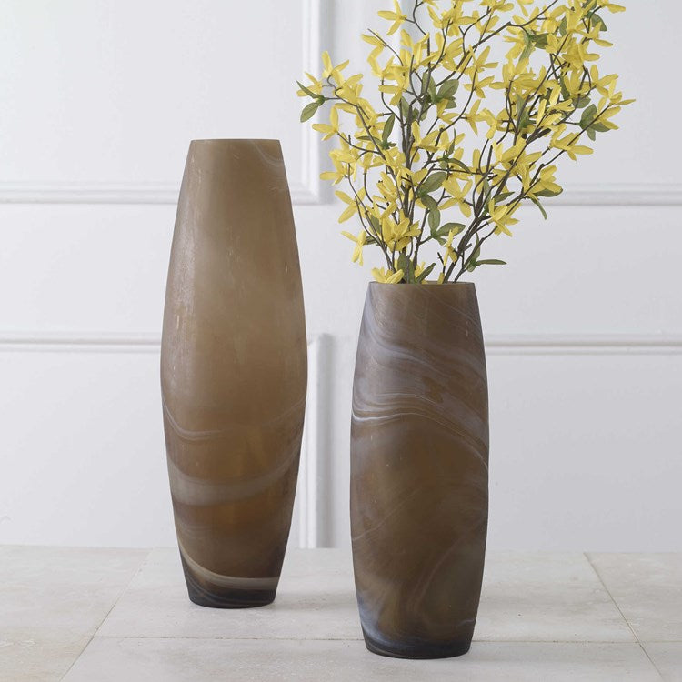 Uttermost Delicate Swirl Caramel Brown and Ivory Glass Set of 2 Vases - Image 1