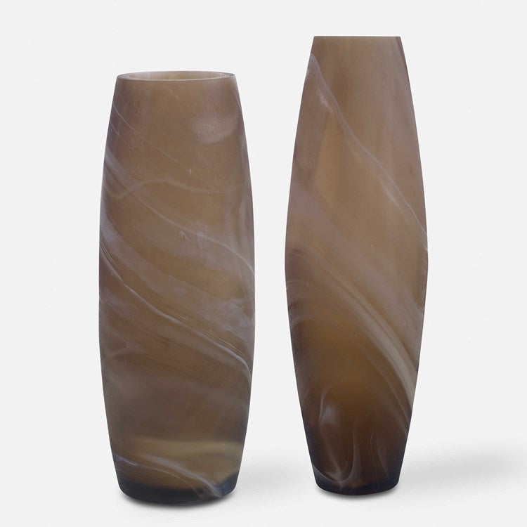 Uttermost Delicate Swirl Caramel Brown and Ivory Glass Set of 2 Vases - Image 2