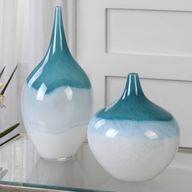 Uttermost Carla Teal Green and White Glass Set of 2 Vases - Image 1