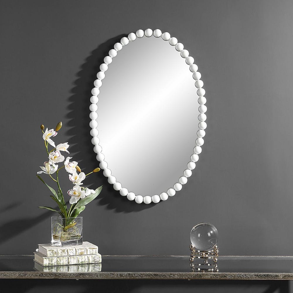 Uttermost Serna Beaded Matte White Oval Mirror - Image 1