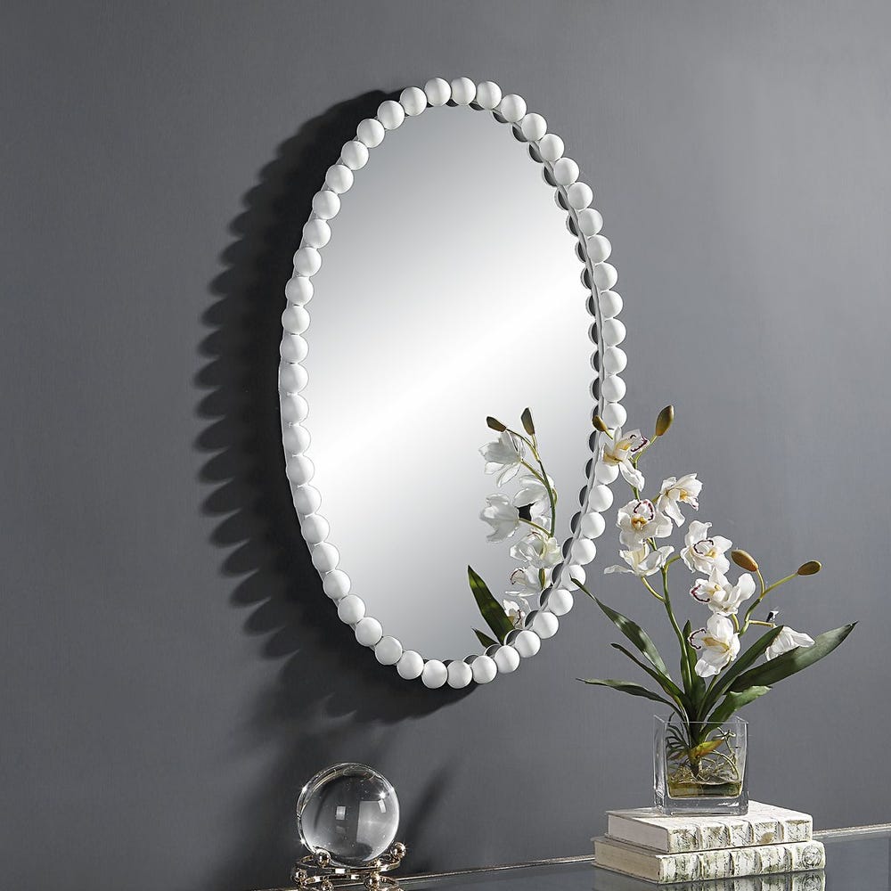 Uttermost Serna Beaded Matte White Oval Mirror - Image 2