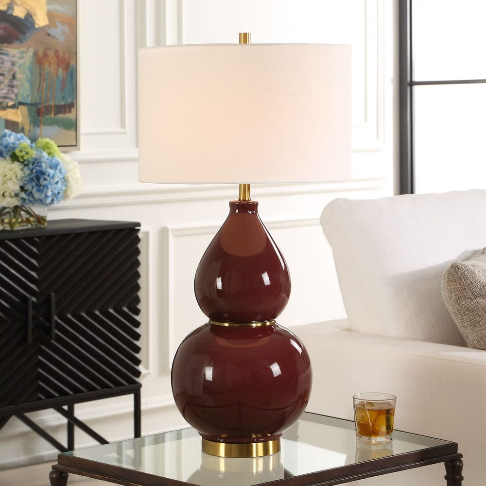 Uttermost Gourd Burgundy Glazed Table Lamp With Antique Brass Details - Image 1
