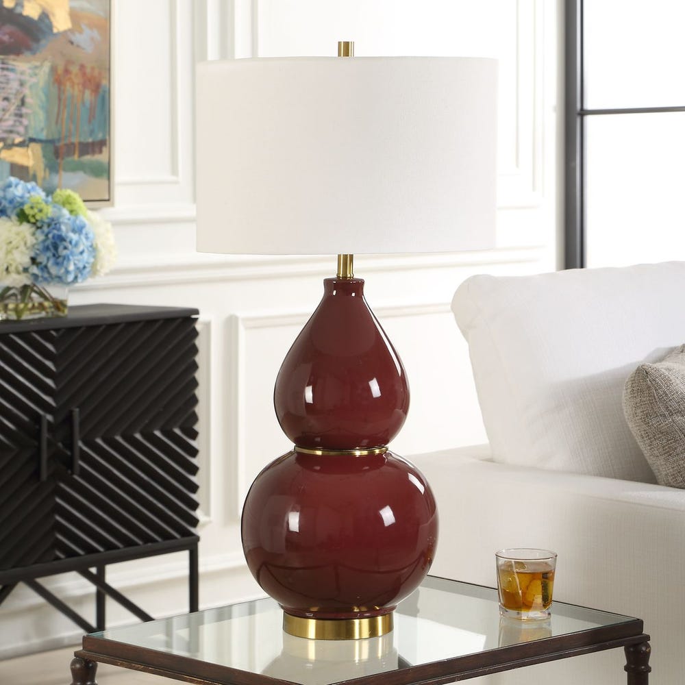 Uttermost Gourd Burgundy Glazed Table Lamp With Antique Brass Details - Image 2