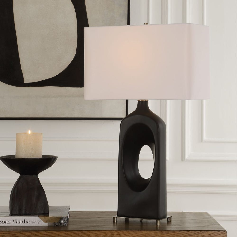 Uttermost Void Matte Black Glazed Table Lamp With Crisp White Linen Shade - Image 1